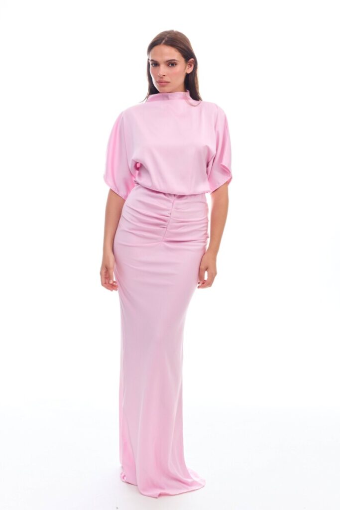 Noa Satin Maxi Dress in Baby pink